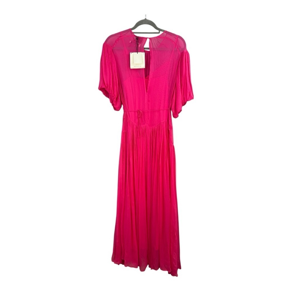 Massimo Dutti Hot Pink Gathered Maxi Dress Puff Sleeves Size Small NWT - Picture 3 of 10